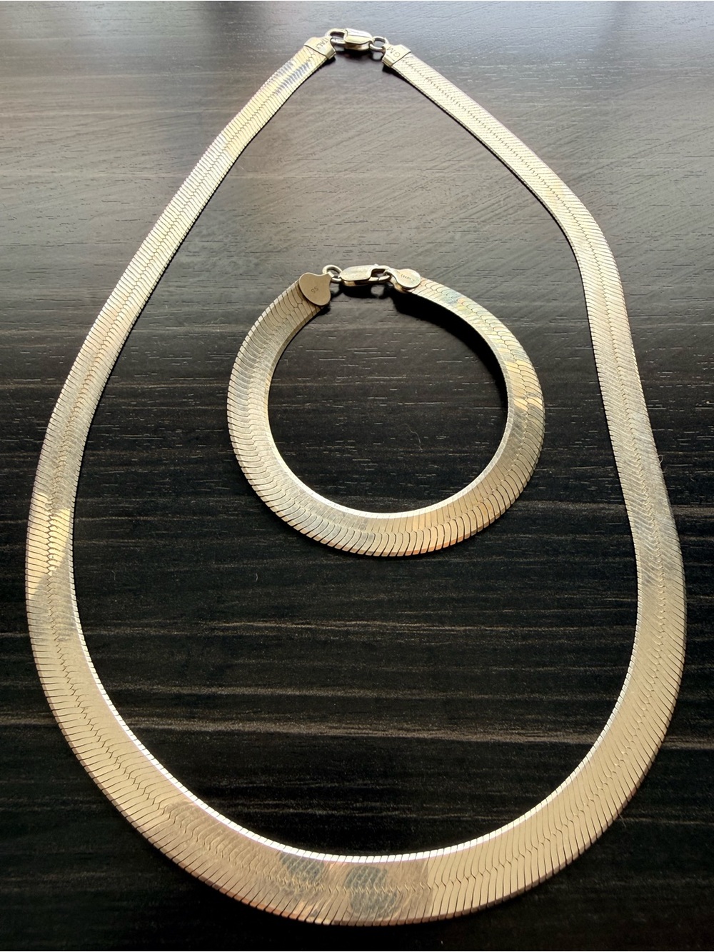 Vntg. Silver Herringbone Necklace & Bracelet Set